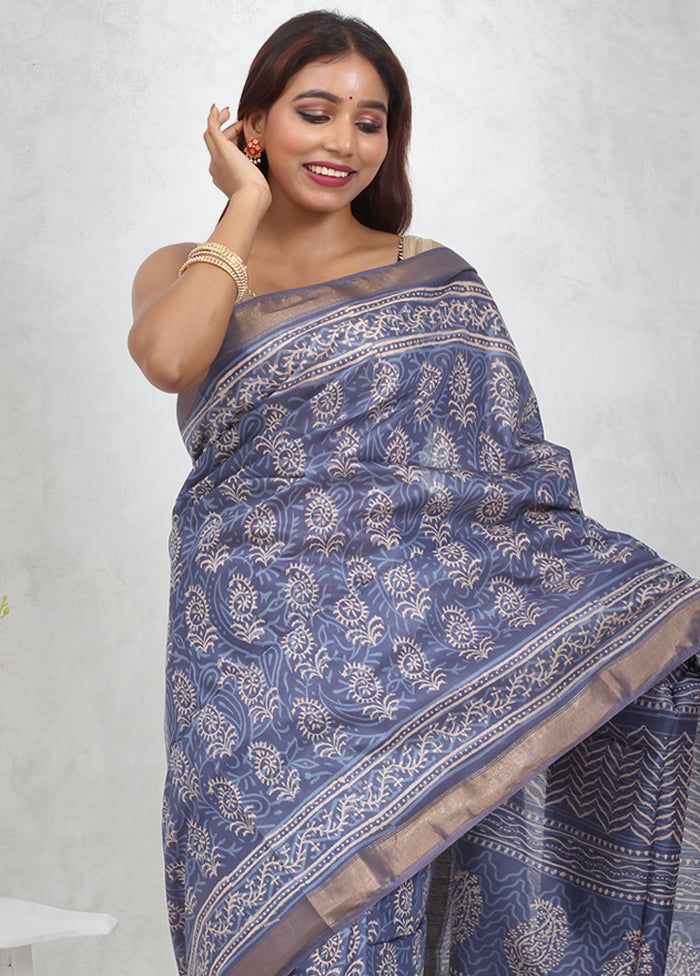 Blue Chanderi Cotton Saree Without Blouse Piece - Indian Silk House Agencies