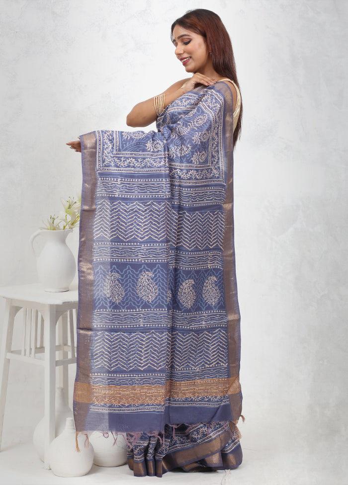 Blue Chanderi Cotton Saree Without Blouse Piece - Indian Silk House Agencies