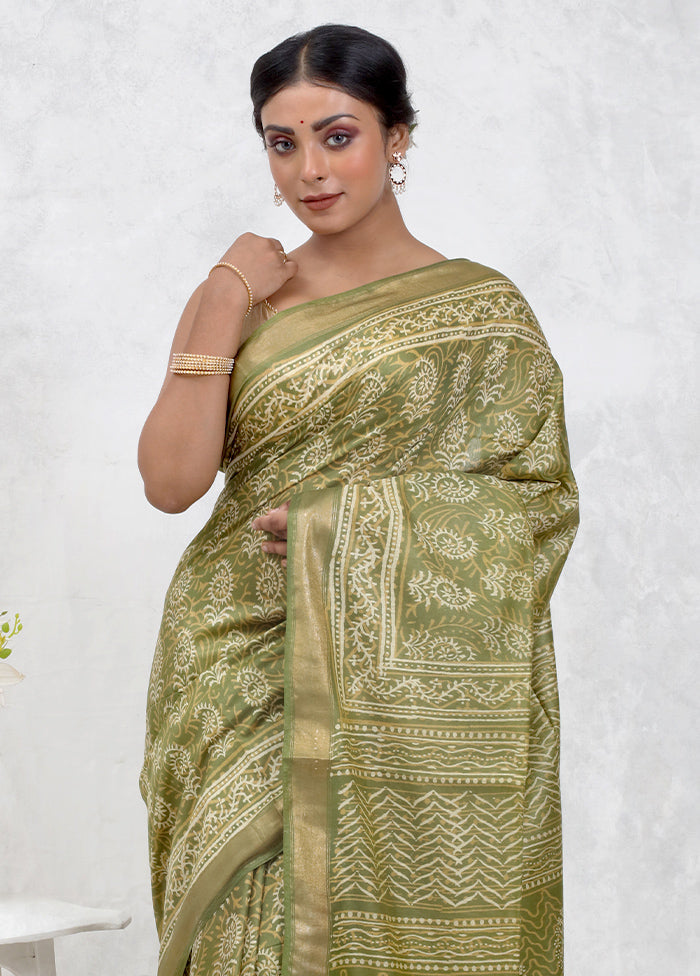 Green Chanderi Cotton Saree Without Blouse Piece - Indian Silk House Agencies