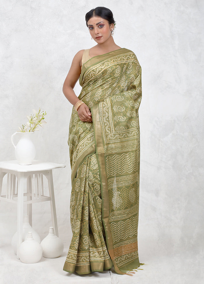 Green Chanderi Cotton Saree Without Blouse Piece - Indian Silk House Agencies