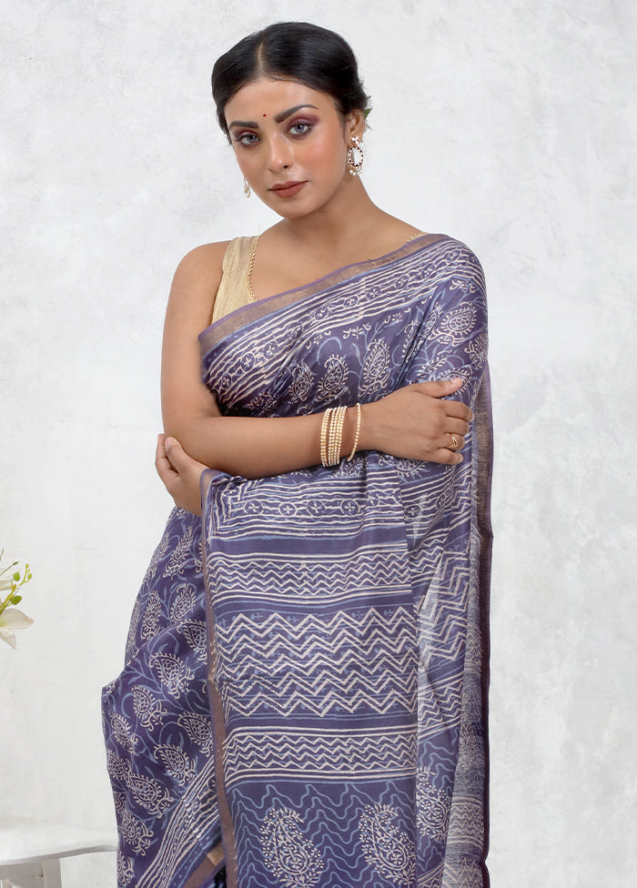 Blue Chanderi Cotton Saree Without Blouse Piece - Indian Silk House Agencies