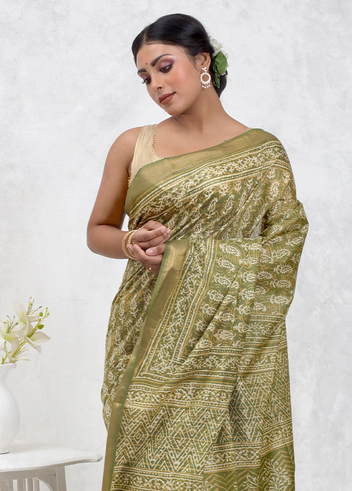 Green Chanderi Cotton Saree Without Blouse Piece - Indian Silk House Agencies