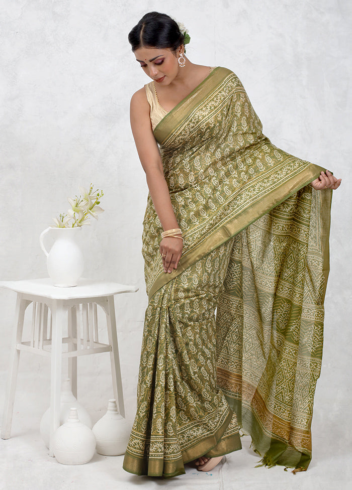 Green Chanderi Cotton Saree Without Blouse Piece - Indian Silk House Agencies