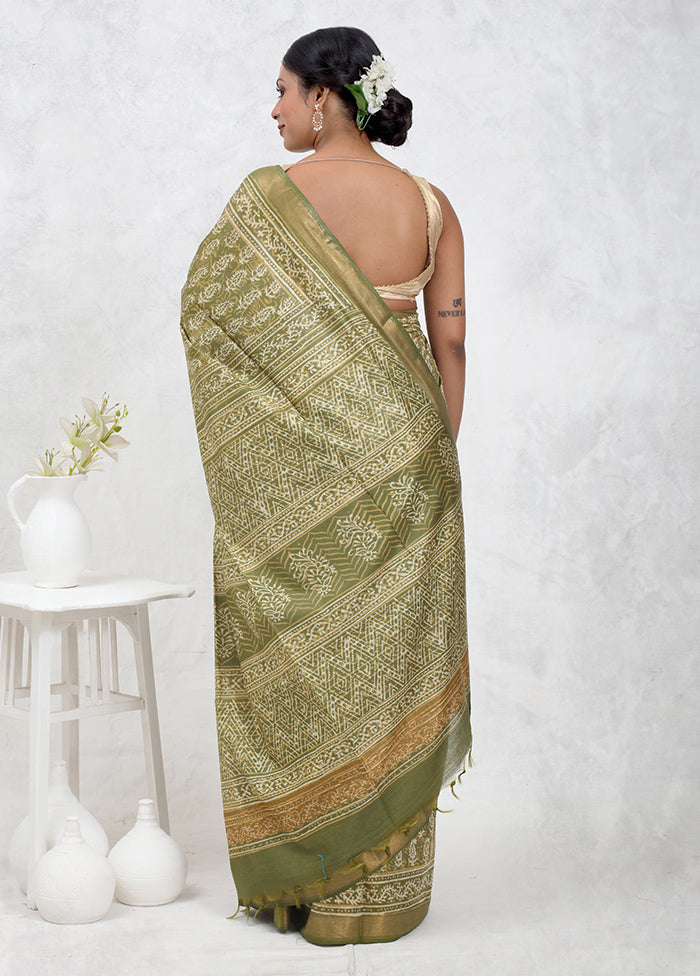 Green Chanderi Cotton Saree Without Blouse Piece - Indian Silk House Agencies