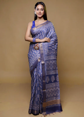 Blue Chanderi Cotton Saree With Blouse Piece