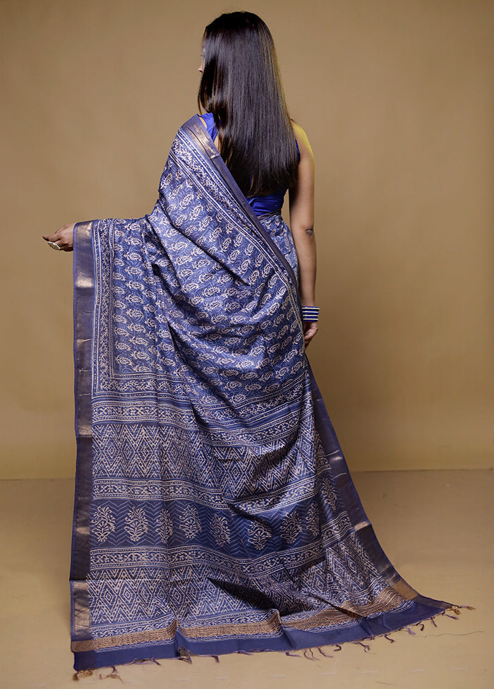 Blue Chanderi Cotton Saree With Blouse Piece