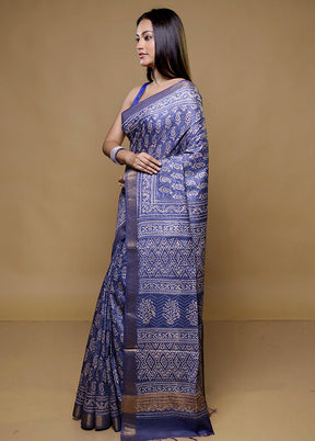 Blue Chanderi Cotton Saree With Blouse Piece