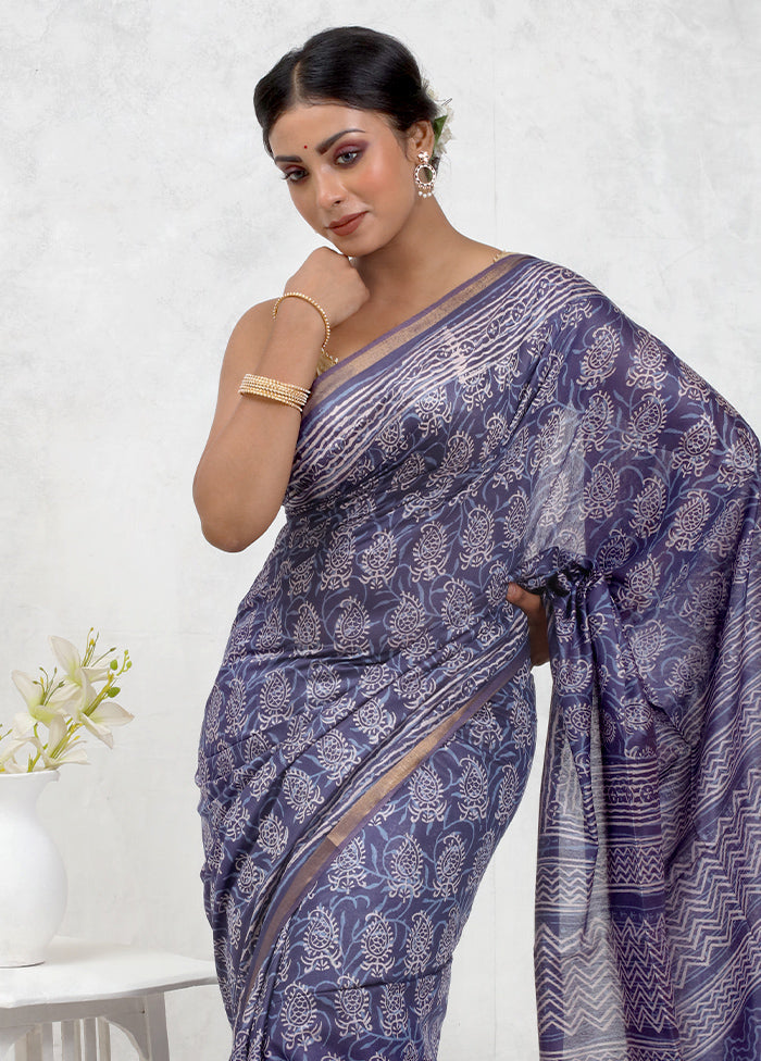 Blue Chanderi Cotton Saree Without Blouse Piece - Indian Silk House Agencies