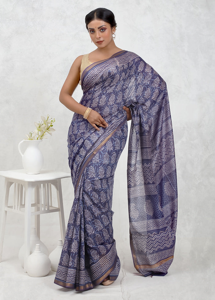 Blue Chanderi Cotton Saree Without Blouse Piece - Indian Silk House Agencies