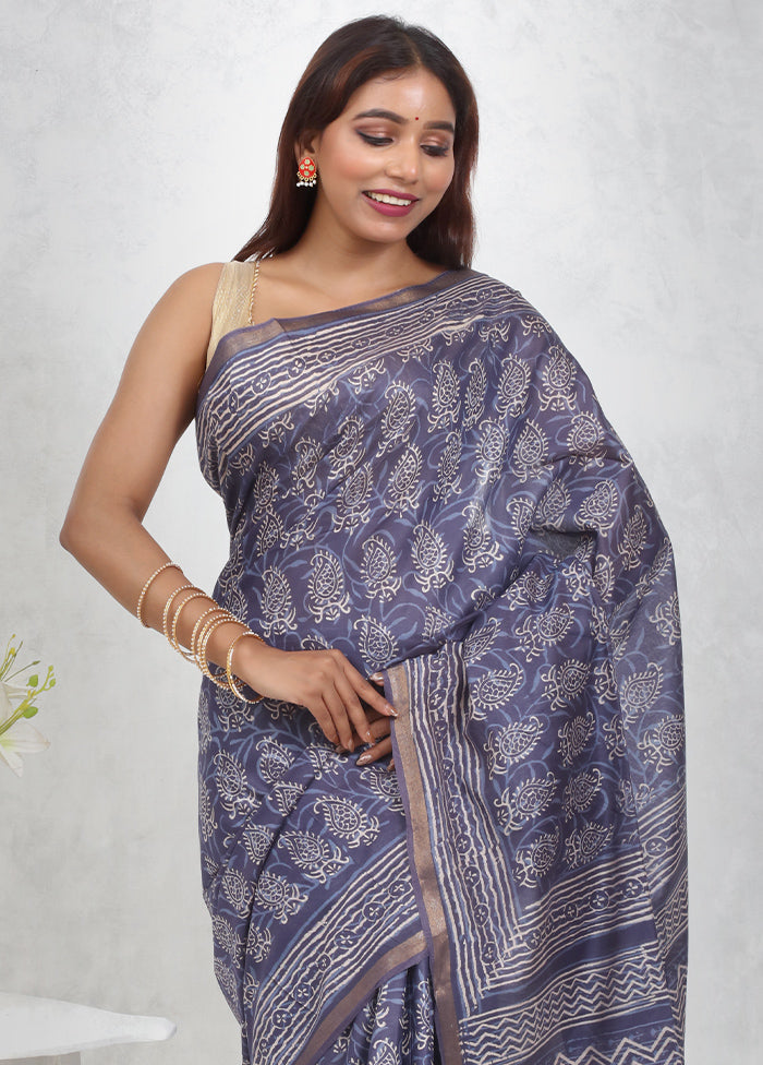 Blue Chanderi Cotton Saree Without Blouse Piece - Indian Silk House Agencies