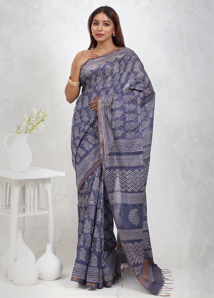 Blue Chanderi Cotton Saree Without Blouse Piece - Indian Silk House Agencies