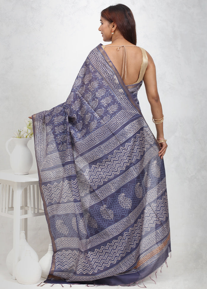 Blue Chanderi Cotton Saree Without Blouse Piece - Indian Silk House Agencies