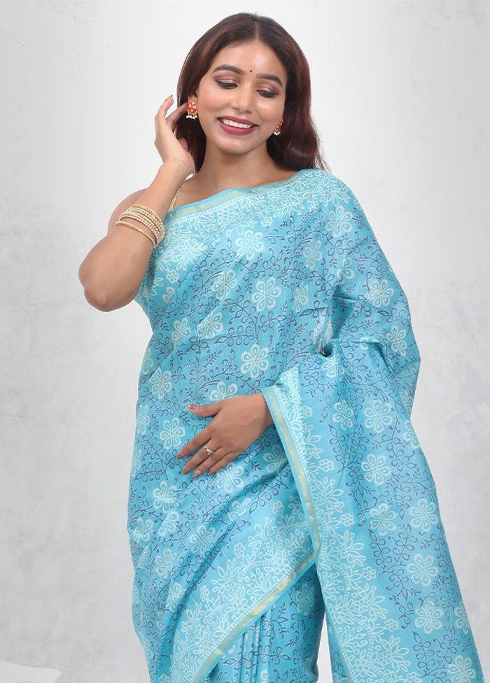 Blue Chanderi Cotton Saree Without Blouse Piece - Indian Silk House Agencies