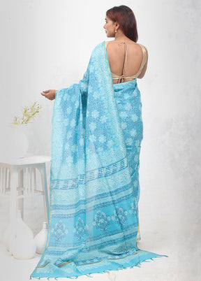 Blue Chanderi Cotton Saree Without Blouse Piece - Indian Silk House Agencies