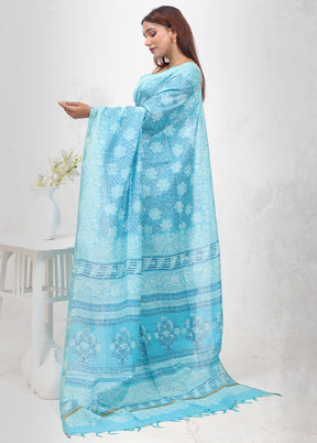 Blue Chanderi Cotton Saree Without Blouse Piece - Indian Silk House Agencies