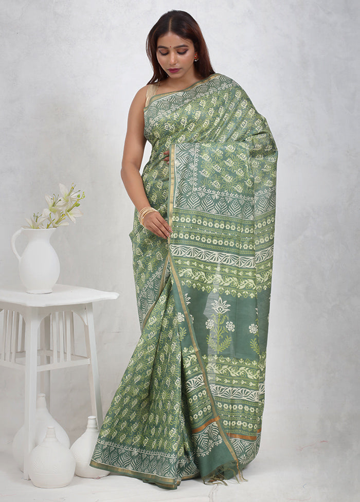 Green Chanderi Cotton Saree Without Blouse Piece - Indian Silk House Agencies