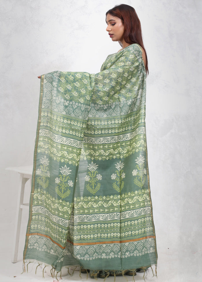 Green Chanderi Cotton Saree Without Blouse Piece - Indian Silk House Agencies