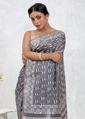 Grey Chanderi Cotton Saree With Blouse Piece