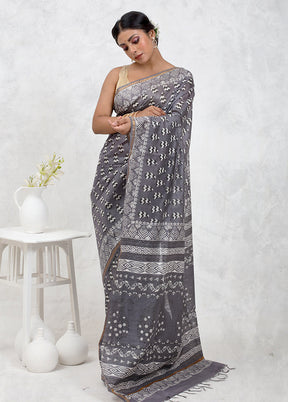 Grey Chanderi Cotton Saree With Blouse Piece