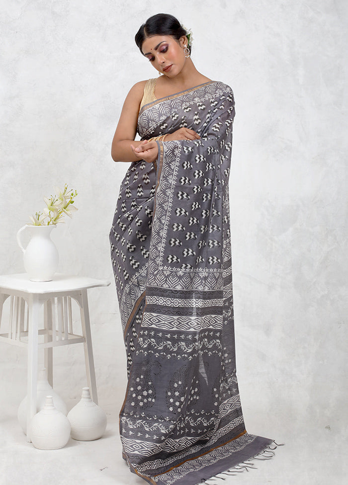 Grey Chanderi Cotton Saree With Blouse Piece