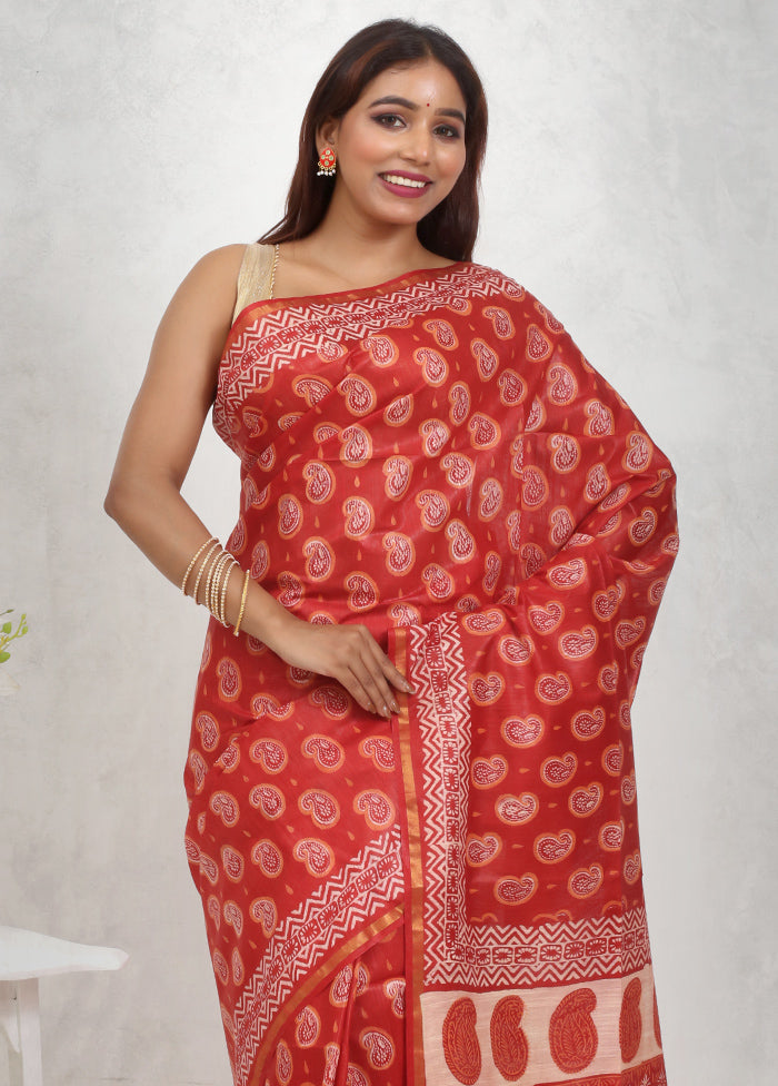 Red Chanderi Cotton Saree Without Blouse Piece - Indian Silk House Agencies