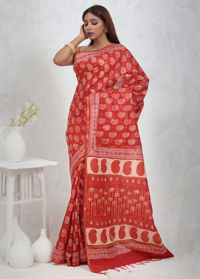 Red Chanderi Cotton Saree Without Blouse Piece - Indian Silk House Agencies