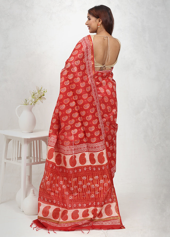 Red Chanderi Cotton Saree Without Blouse Piece - Indian Silk House Agencies