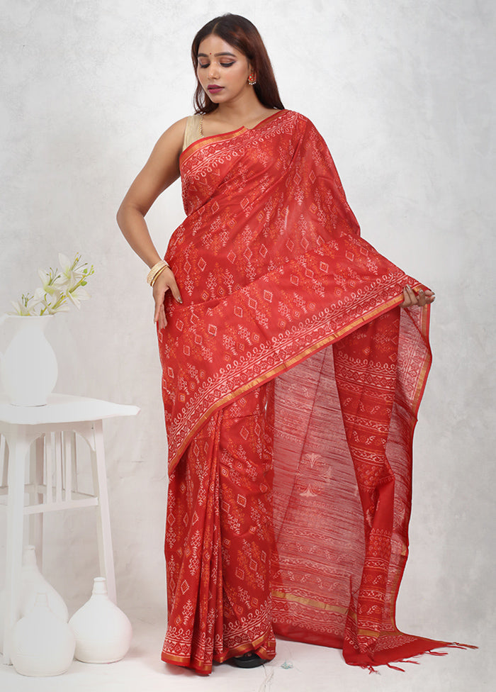 Red Chanderi Cotton Saree Without Blouse Piece - Indian Silk House Agencies