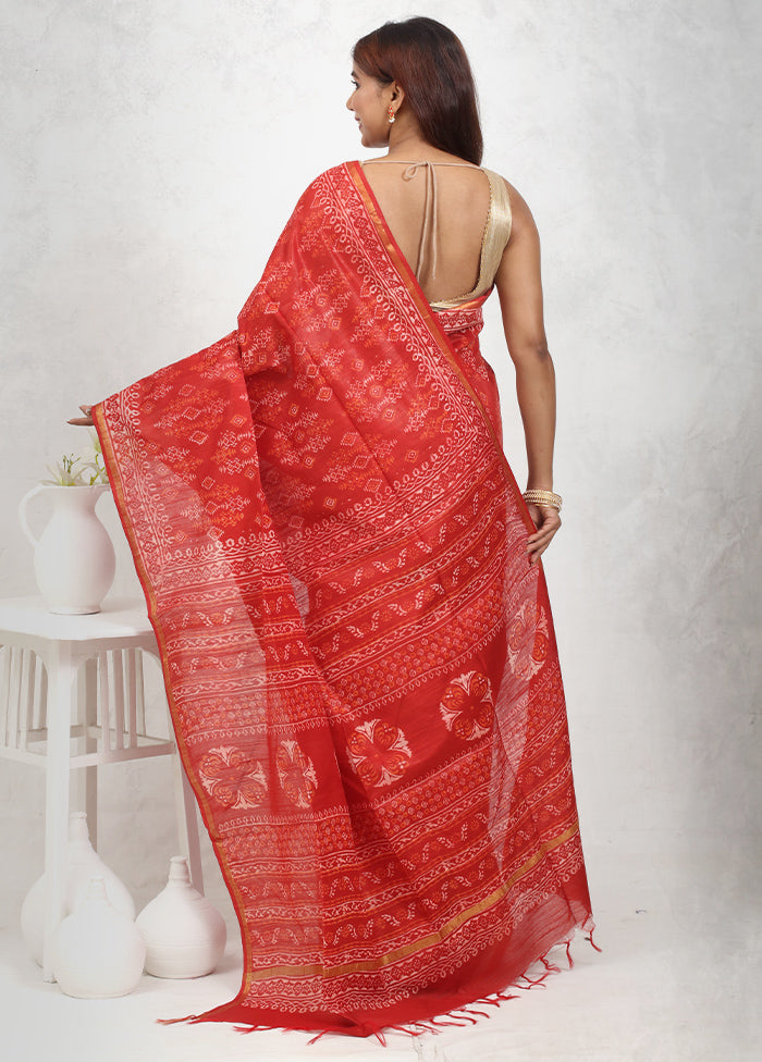 Red Chanderi Cotton Saree Without Blouse Piece - Indian Silk House Agencies