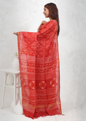 Red Chanderi Cotton Saree Without Blouse Piece - Indian Silk House Agencies