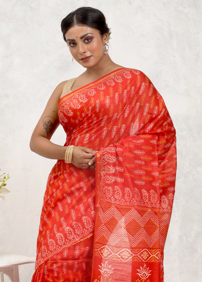 Orange Chanderi Cotton Saree Without Blouse Piece - Indian Silk House Agencies