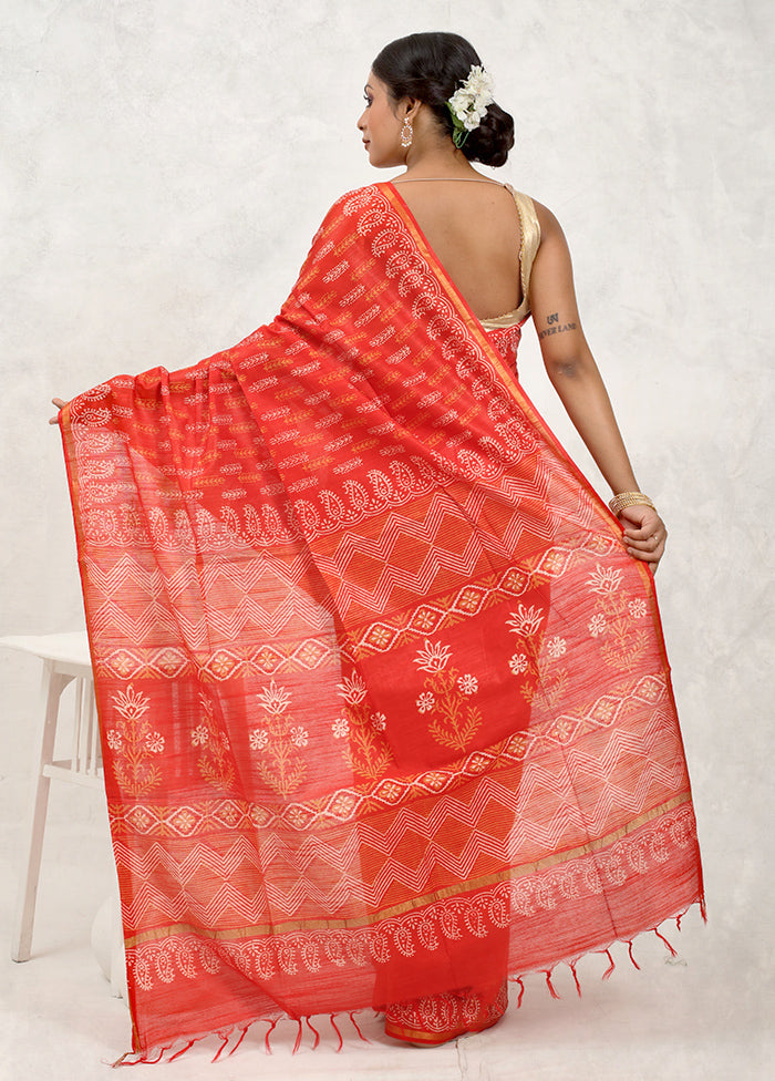 Orange Chanderi Cotton Saree Without Blouse Piece - Indian Silk House Agencies