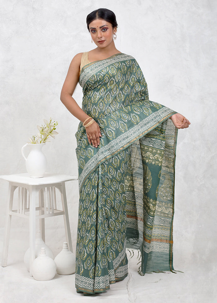 Green Chanderi Cotton Saree Without Blouse Piece - Indian Silk House Agencies