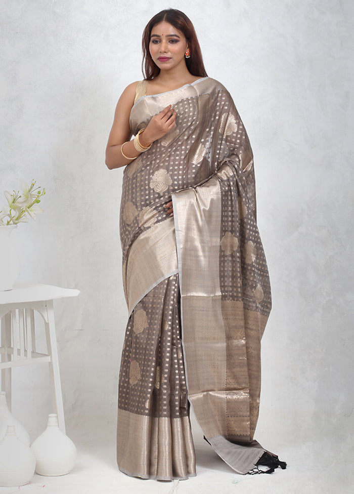 Grey Kora Silk Saree Without Blouse Piece - Indian Silk House Agencies