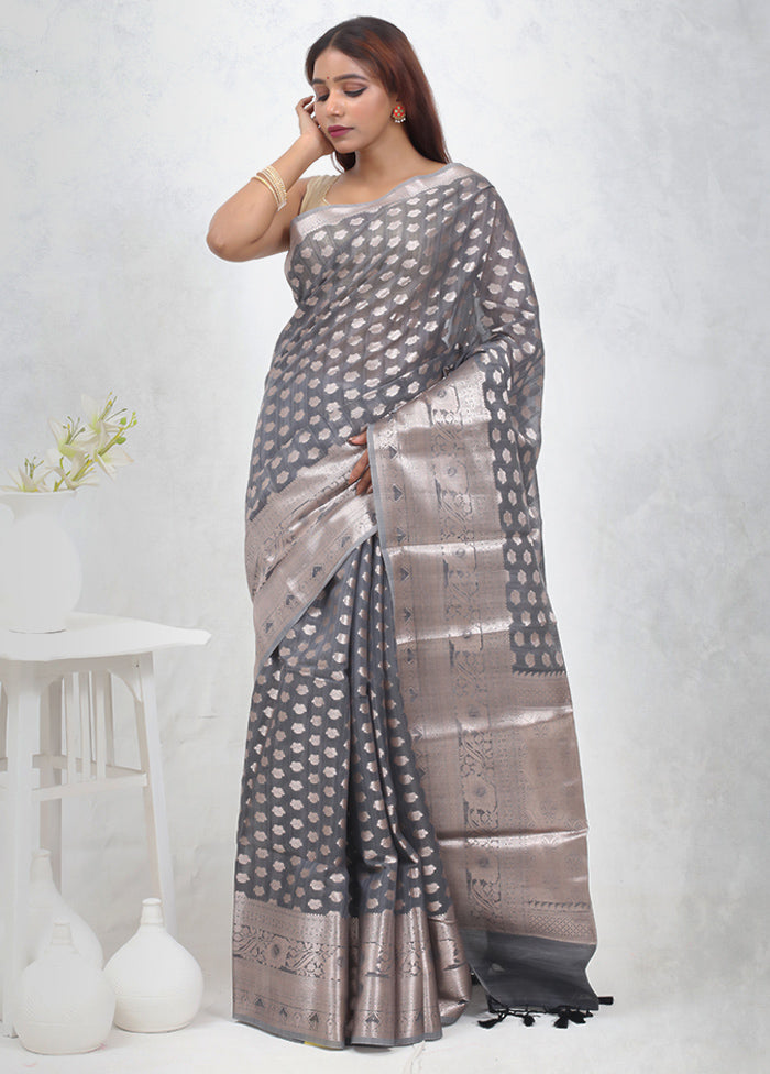 Grey Kora Silk Saree Without Blouse Piece - Indian Silk House Agencies