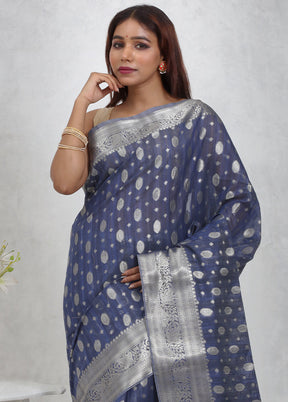 Blue Kora Silk Saree With Blouse Piece