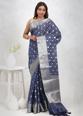Blue Kora Silk Saree With Blouse Piece