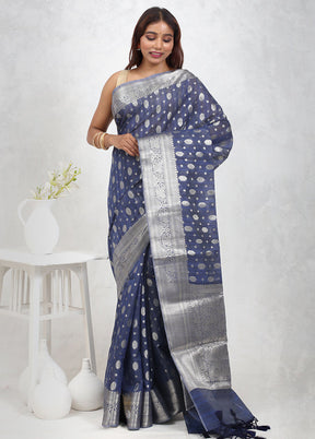 Blue Kora Silk Saree Without Blouse Piece - Indian Silk House Agencies