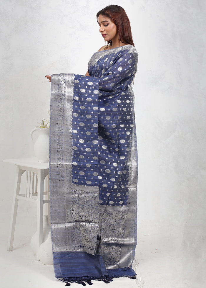 Blue Kora Silk Saree With Blouse Piece