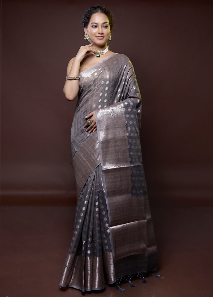 Grey Kora Silk Saree With Blouse Piece