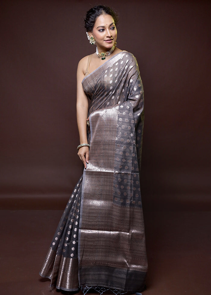 Grey Kora Silk Saree With Blouse Piece