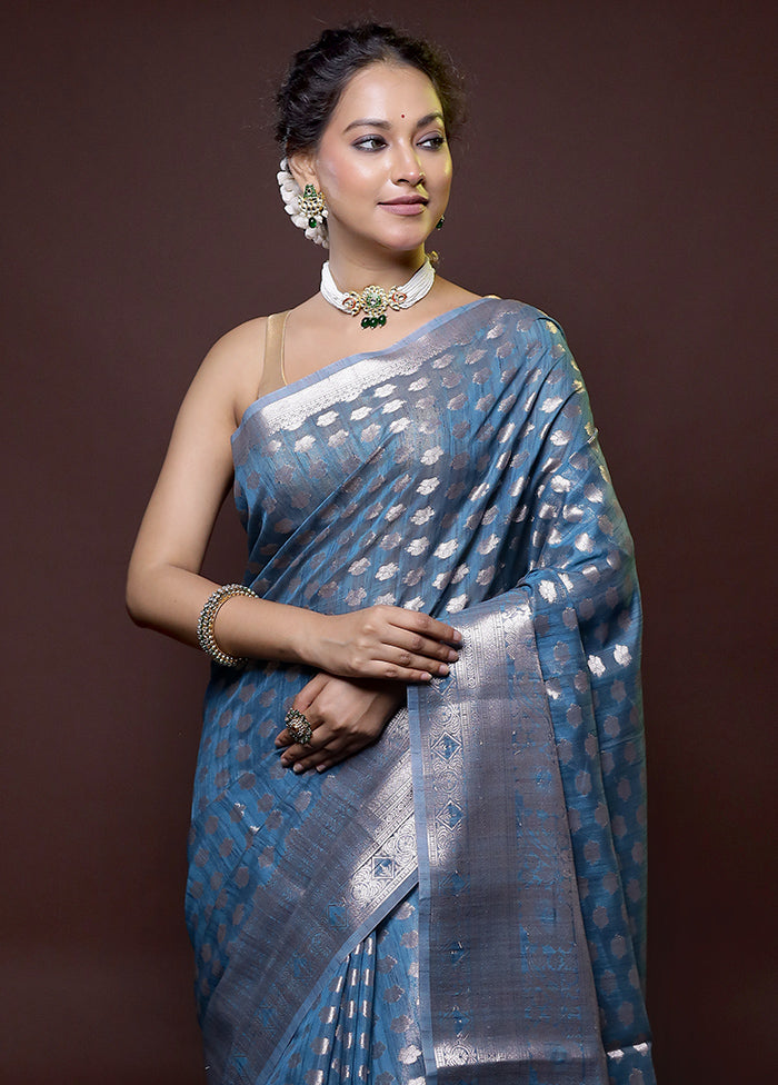 Blue Kora Silk Saree With Blouse Piece