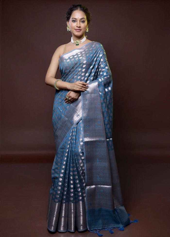 Blue Kora Silk Saree With Blouse Piece