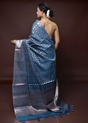 Blue Kora Silk Saree With Blouse Piece