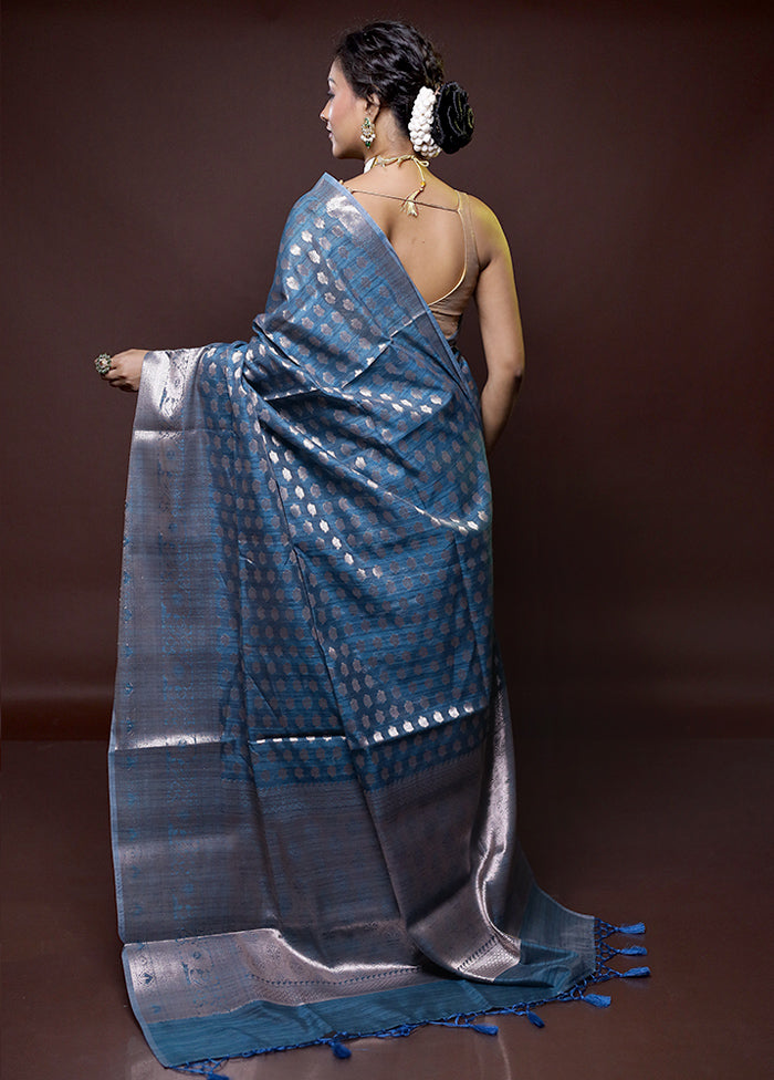 Blue Kora Silk Saree With Blouse Piece