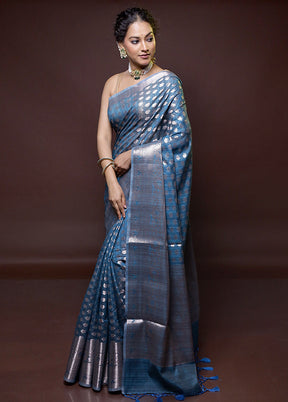 Blue Kora Silk Saree With Blouse Piece