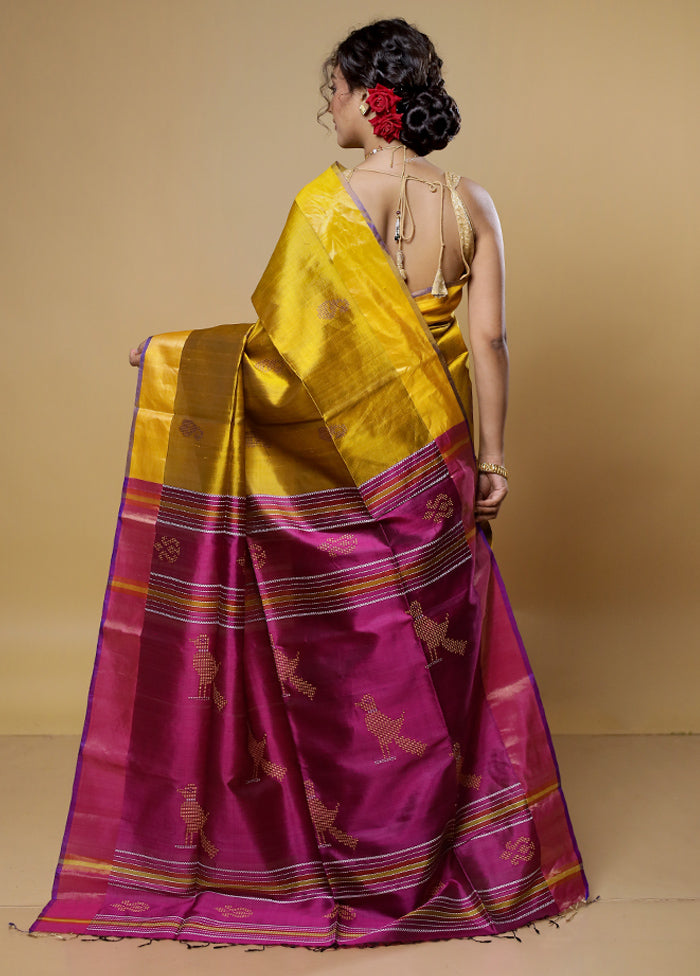 Yellow Kalakethra Kanjivaram Silk Saree With Blouse Piece