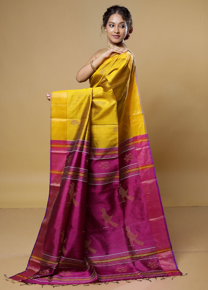 Yellow Kalakethra Kanjivaram Silk Saree With Blouse Piece