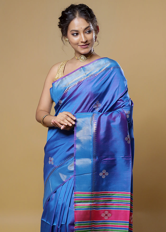 Blue Kalakethra Kanjivaram Silk Saree With Blouse Piece