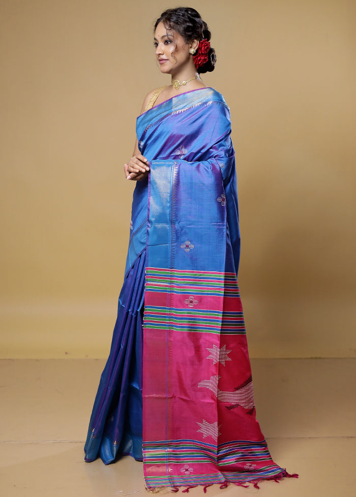 Blue Kalakethra Kanjivaram Silk Saree With Blouse Piece